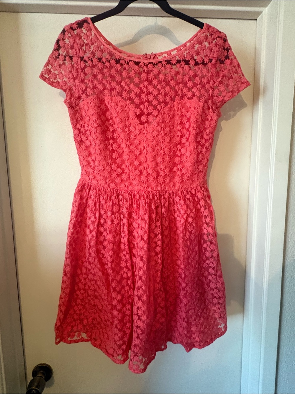 Anthropologie Artelier Nicole Miller Coral Pink Floral Lace Overlay Fit & Flare